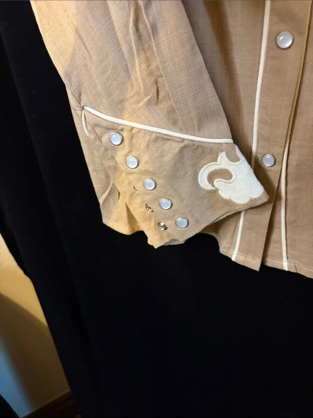Lucky & Blessed Tan Top with White Swirl Embroidery. 19 p2p - Picture 4 of 6